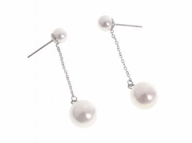 Boucles d'oreilles puces perles blanches chaine argent H 4.4cm L 1.0cm acier inoxydable - Mile Mila   M5B31 18.7