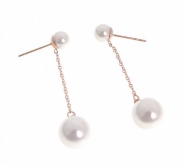 Boucles d'oreilles puces perles blanches chaine or rose H 4.4cm L 1.0cm acier inoxydable - Mile Mila   M5B31 23.3