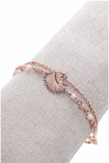 Bracelet double tête indien perles blanches et roses pendentif H1.6cm L1.2cm  acier inoxydable or rose - Mile Mila    M5BR05 23.30