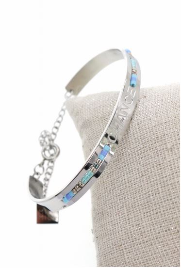 Bracelet jonc chance perles bleu largeur 0.6cm acier inoxydable argent - Mile Mila    M5JC33 19.10