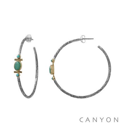 Boucles d\'oreilles créoles en argent gravé ovale de chrysoprase et 2 turquoises reconstituées - Canyon