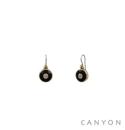 E4745 Boucles d'oreilles crochet argent et laiton pendante ronde grand onyx noir et petite pierre de lune Dimensions  2,3 cm 63€