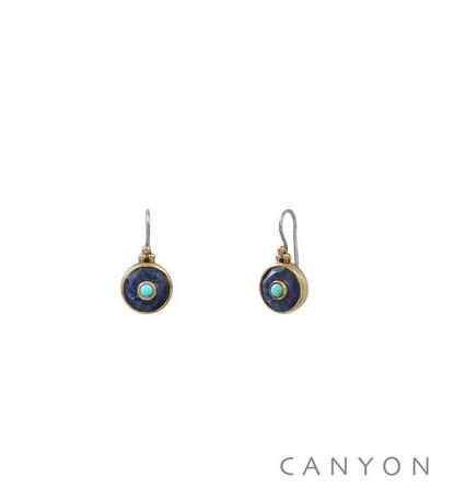 Boucles d\'oreilles crochet argent et laiton pendante ronde sillimanite bleu et turquoise  - Canyon