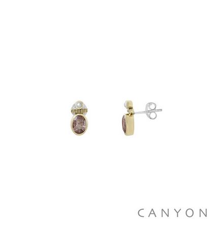 Boucles d\'oreilles créoles argent et laiton petite quartz fraise et petite perle synthétique - Canyon