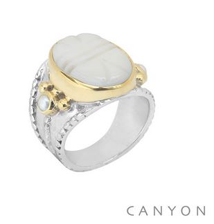 Bague en argent grand modèle scarabée nacre blanche et 2 perles blanches - Canyon r5243