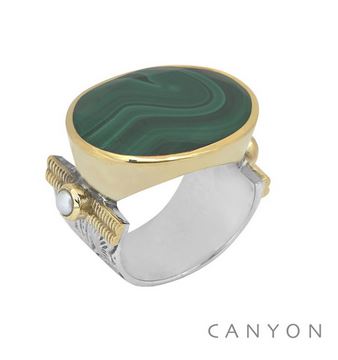 Bague argent très grand modèle malachite ovale sens largeur 2 perles synthétiques sertissage anneaux laiton - Canyon r5249
