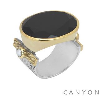 Bague argent très grand modèle onyx noir ovale sens largeur 2 perles synthétiques sertissage anneaux laiton - Canyon r5248