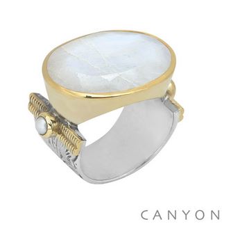 Bague argent très grand modèle pierre de lune ovale sens largeur 2 perles synthétiques sertissage anneaux laiton - Canyon r5253