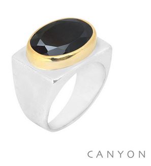 Bague argent rectangle décorée d'un onyx noir ovale serti de laiton - Canyon R5280