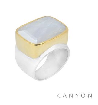 Bague argent très grande pierte de lune rectangle sertie de laiton - Canyon r5293