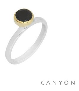Bague argent décorée onyx noir ronde décalée sertie laiton - Canyon R5302