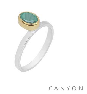 Bague argent  petite malachite ovale droite décalée sertie laiton - CANYON R5306