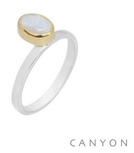 Bague argent petite pierre de lune ovale droite décalée sertie laiton - CANYON R5308