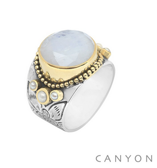 Bague argent et laiton pierre de lune ronde et 3 perles blanches - Canyon