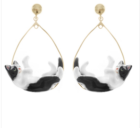 Boucles d'oreilles grandes créoles chat noir & blanc NACH J181 90€