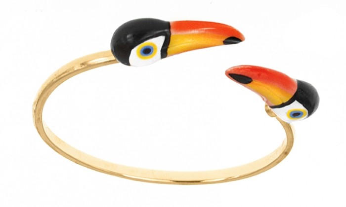 Bracelet Face to Face Toucan - Bracelet en laiton doré - Figurine en porcelaine peinte à la main NACH