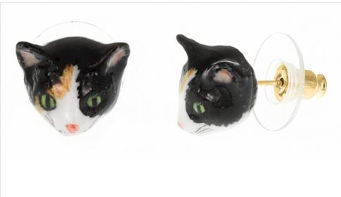 Boucles d\'oreilles mini chat noir brun et blanc NACH