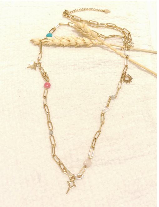 Collier constellation perles multicouleurs maille rectangulaire doré - Mile Mila