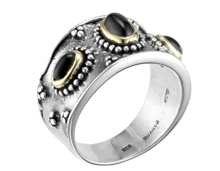 Bague argent et laiton en forme d'anneau large decore de 3 cabochons d'onyx noir argent 925 - Canyon