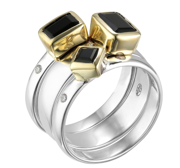 Bague 3 anneaux imbriques décoré d'onyx noir carre et rectangle, collet en laiton et 2 microoxydes sur l'anneau de chaque cote des pierres argent 925 - Canyon