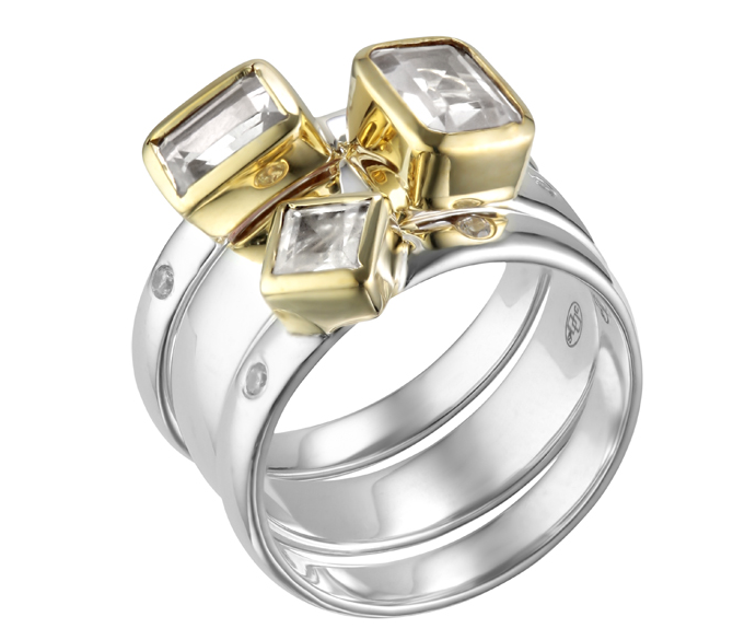 Bague 3 anneaux imbriques décoré de crital blanc carre et rectangle, collet en laiton et 2 microoxydes sur l'anneau de chaque cote des pierres argent 925 - Canyon