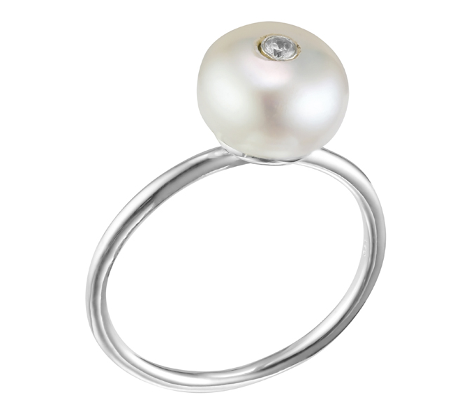 Bague argent composée d'une perle blanche boule decore d'un oxyde blanc et pose sur un anneau en argent rond et fin argent 925 - Canyon