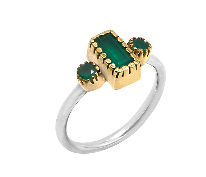 Bague argent composée d\'un onyx vert rectangle et de 2 onyx vert ronds sertis griffes en laiton et d\'un anneau argent 925 - Canyon