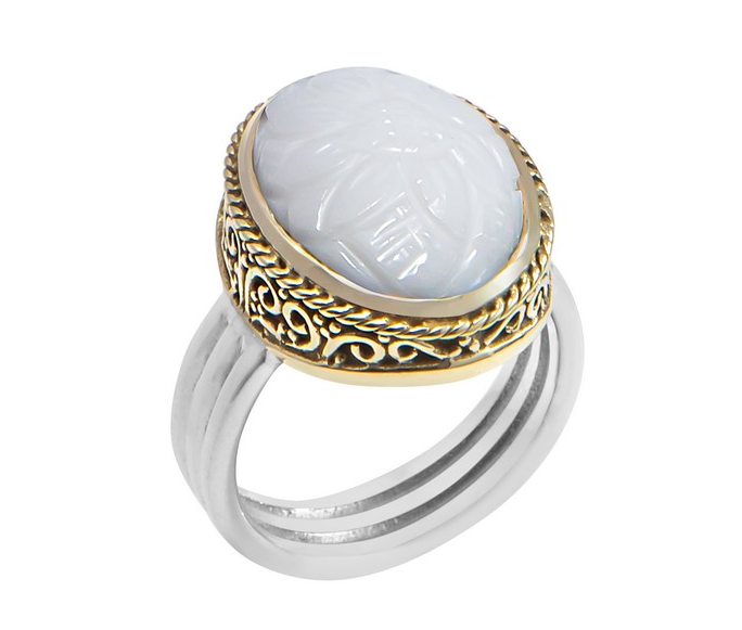 Bague argent décorée d'une fleur gravée dans un verre blanc ovale serti de laiton filigrané et d'un anneau en argent 925 - Canyon