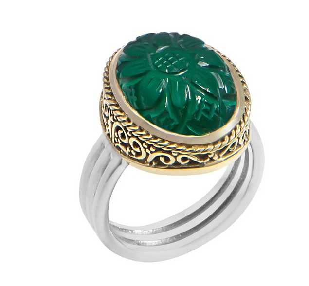 Bague argent décorée d\'une fleur gravée dans un onyx vert ovale serti de laiton filigrané et d\'un anneau en argent 925 - Canyon
