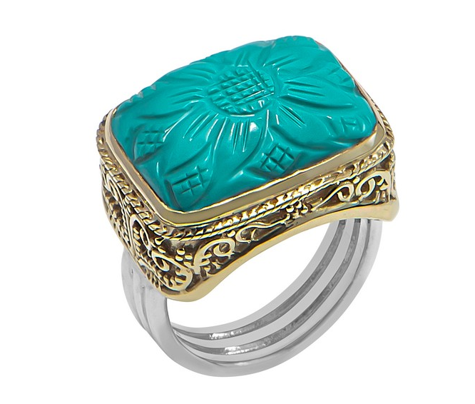 Bague argent décorée d\'une fleur gravée dans une turquoise reconstituée rectangle sertie de laiton filigrané et d\'un anneau en argent 925 - Canyon