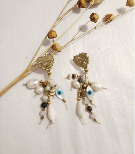 Boucles d'oreilles oeil coeur et perles nacrées dorés acier inoxydable puces - Mile Mila