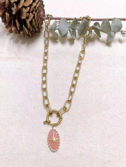 Collier maille étoile fond rose ovale doré acier inoxydable - Mile Mila