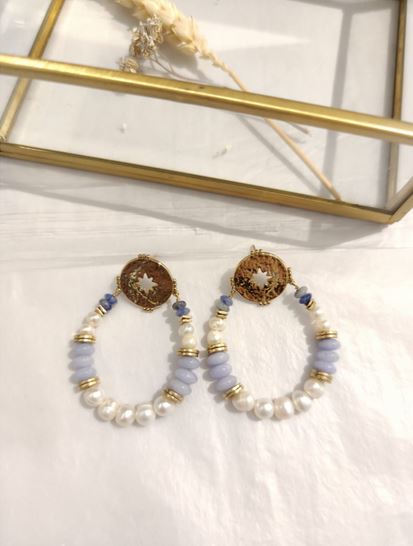 Boucles d'oreilles perles nacrées pierre agate bleu doré acier inoxydable puces - Mile Mila
