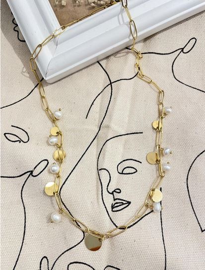 Collier maille longue piécettes et perles nacrées doré acier inoxydable - Mile Mila