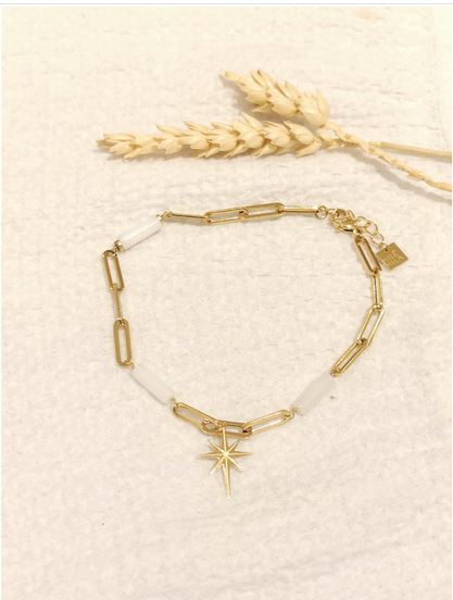 Chaine de cheville maille anneau constellation perles blanches doré acier inoxydable - Mile Mila