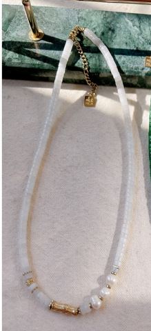 Collier agate blanche et perles blanches doré acier inoxydable - Mile Mila