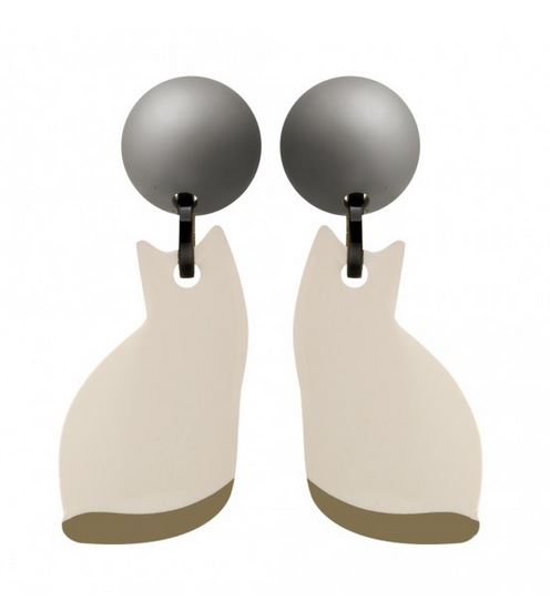 Boucles d'oreilles clips chat gris beige et queue verte résine - MARION GODART 34€