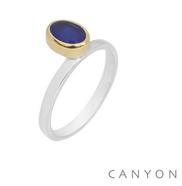 Bague argent petit calcedoine bleu ovale droite décalée sertie laiton - CANYON