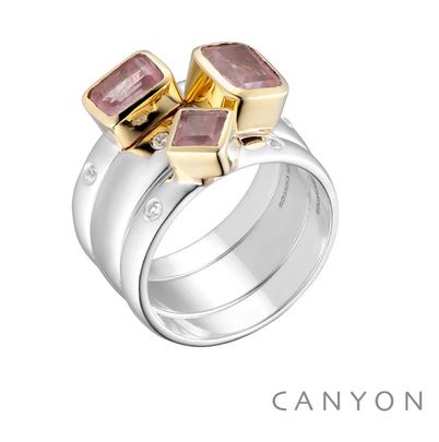 Bague 3 anneaux imbriques décoré de quartz fraise carre et rectangle, collet en laiton et 2 microoxydes sur l'anneau de chaque cote des pierres argent 925 - Canyon