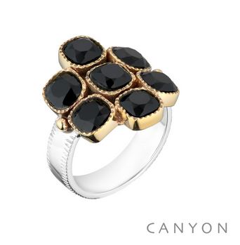 Bague argent et laiton composee d\'un anneau argent plat et de 7 carres d\'onyx sertis de laiton et de 2 petites boules de laiton - Canyon