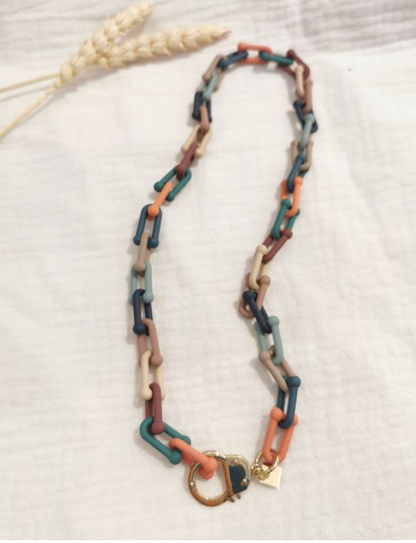 Collier maille résine multicouleurs fermoir menotte acier inoxydable doré - Mile Mila