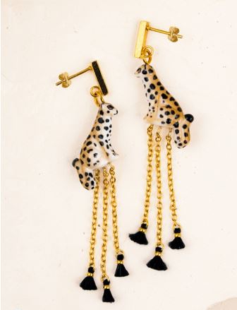 Boucles d'oreilles pendantes léopard et pompons - 10 ans - Nach