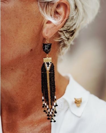 Boucles doreilles pendantes panthère noire et perles - 10 ans - Nach 3