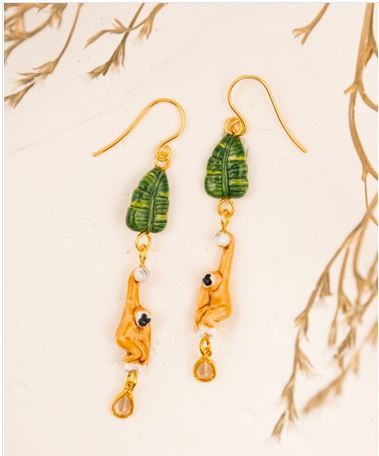 Boucles d'oreilles pendantes gibbon et feuille - Nach