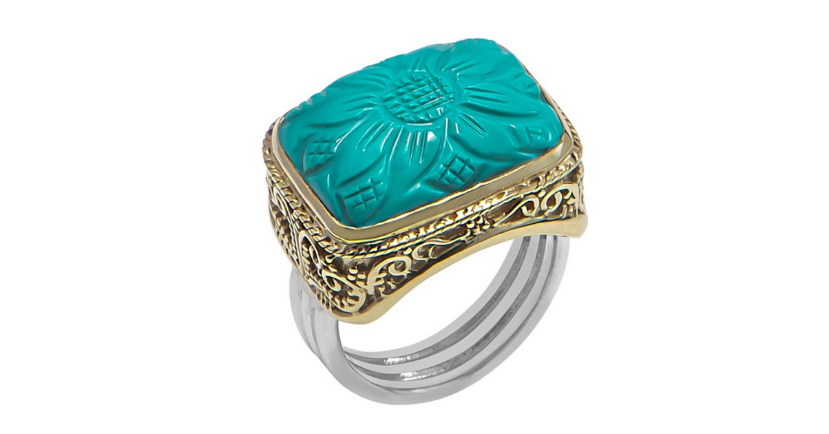 Bague Vintage Argent 925 Forme Fleur Avec Verre Bleu Turquoise - Taille 53 - Occasion