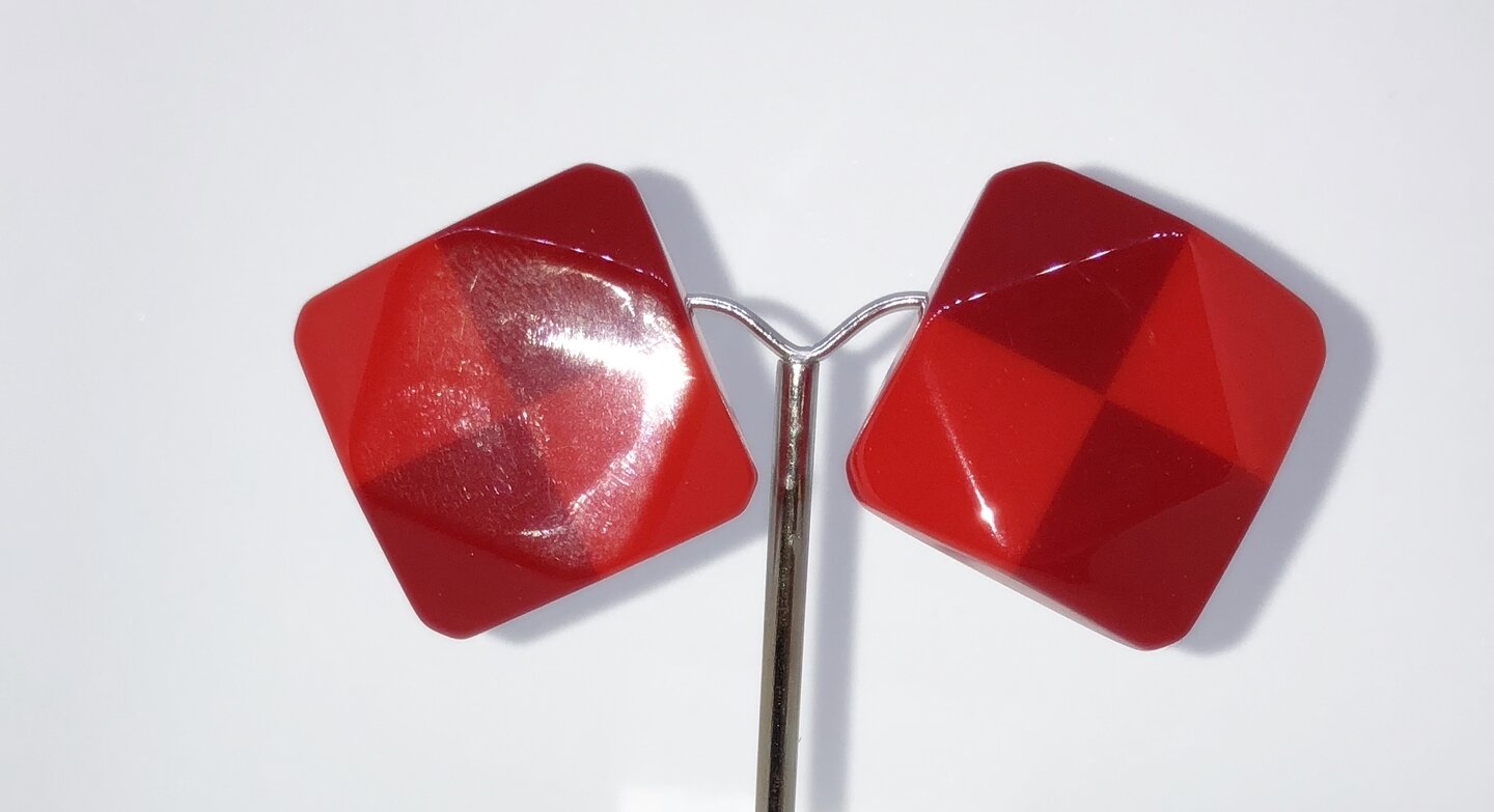 Boucles D'Oreilles Vintage Clips Années 80 - Cabochons Résine Rouge Sur Métal Doré