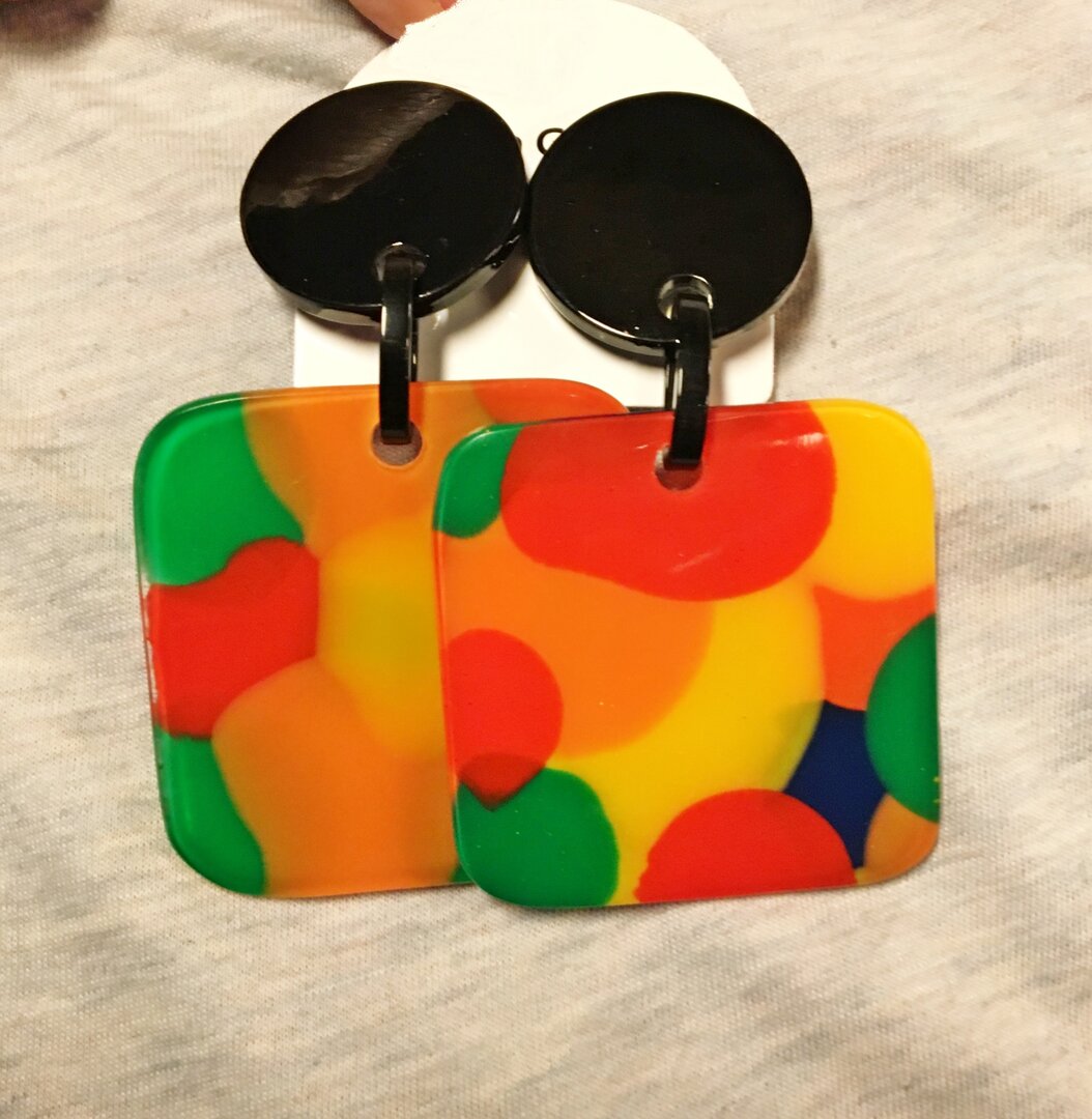 Boucles D'Oreilles Rétro Vintage Clips - Forme Rectangle Résine Colorée - Occasion Bon État