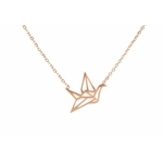 M1C046  Collier oiseau origami or rose Lg 37cm + 5cm rallonge pendentif H 1.20cm L1.50cm acier inoxydable - Mile Mila 20.4 - Copie