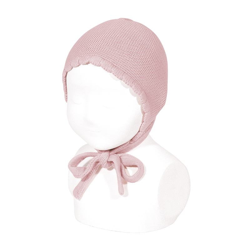 Bonnet/béguin point mousse en coton coloris Rose Pâle