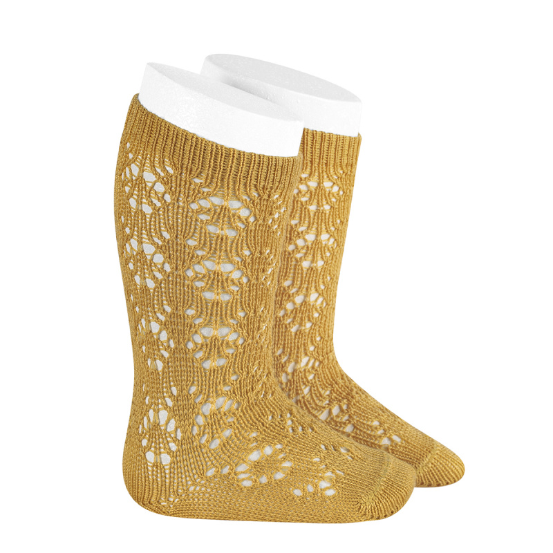 chaussettes-hautes-coton-ajouree-geometrique-moutarde